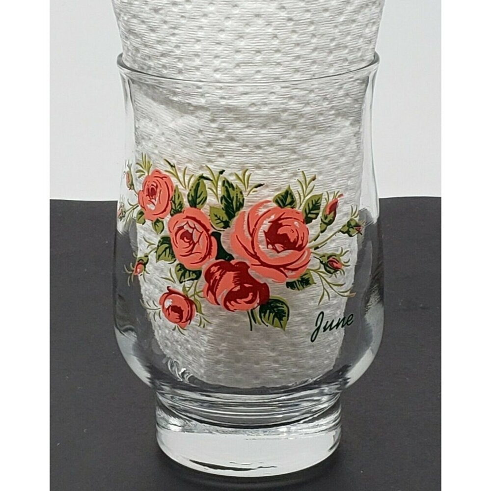 Dominion Glass Juice Tumbler Flower of June Rose 10 oz. 4 3/4 in. Tall Vintage